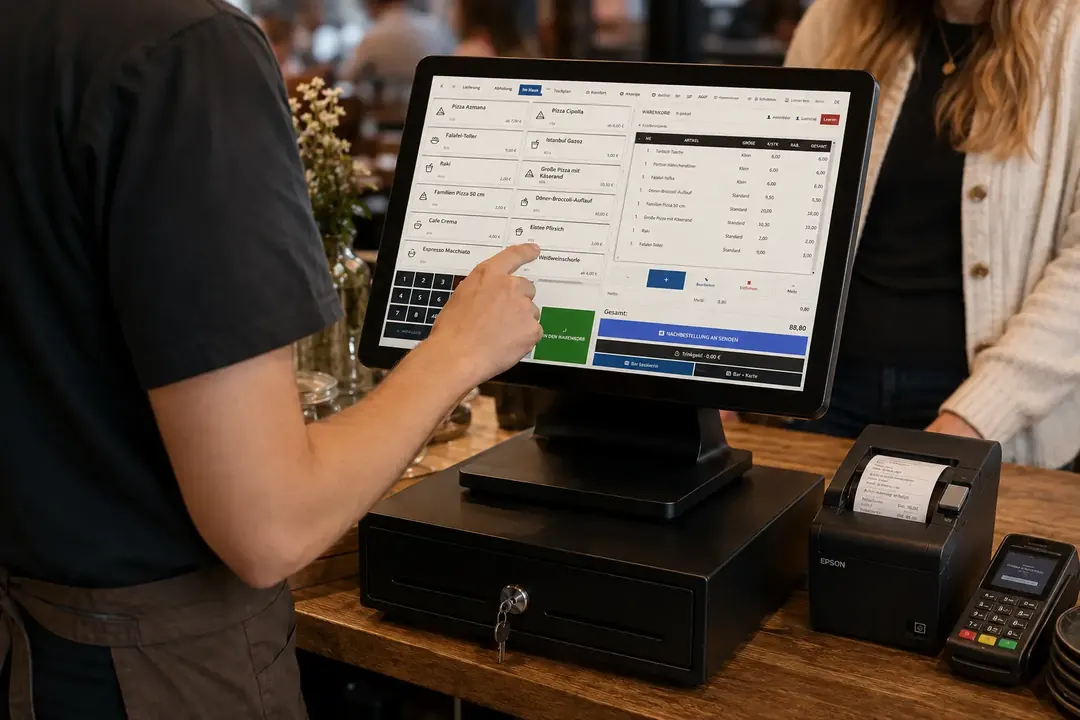 Restaurant staff member using the M3 touch till with receipt printer, cash drawer and card terminal
